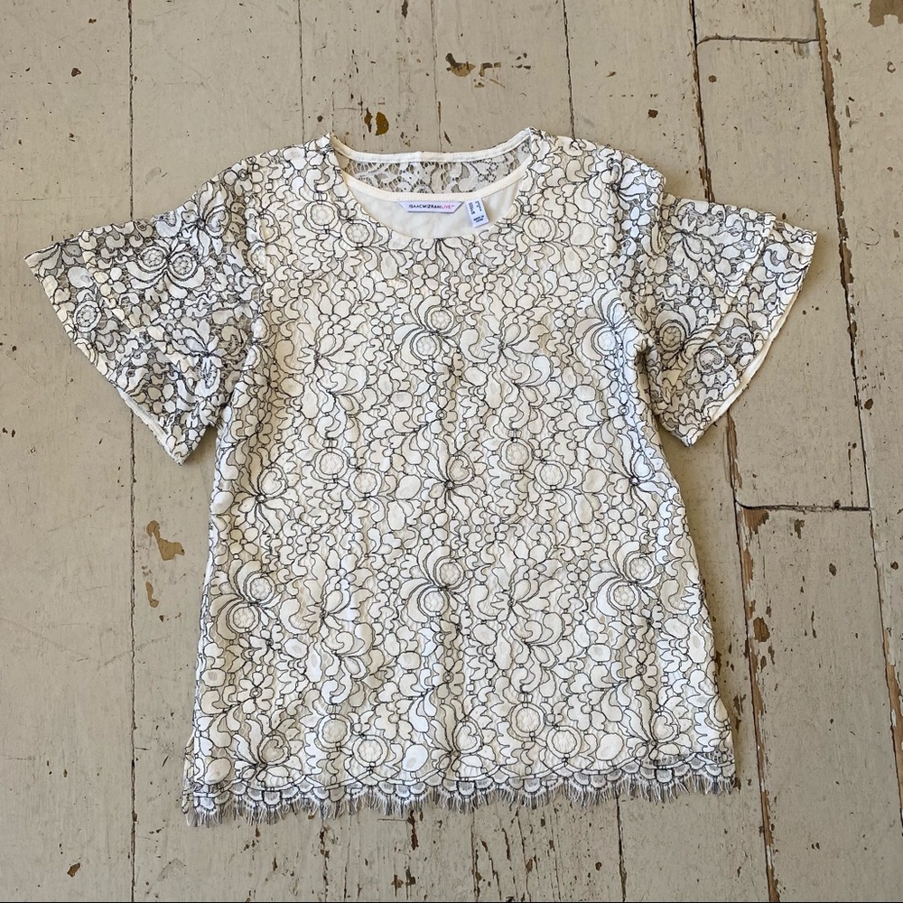 Isaac Mizrahi Floral Cream Lace Overlay Top NWOT
